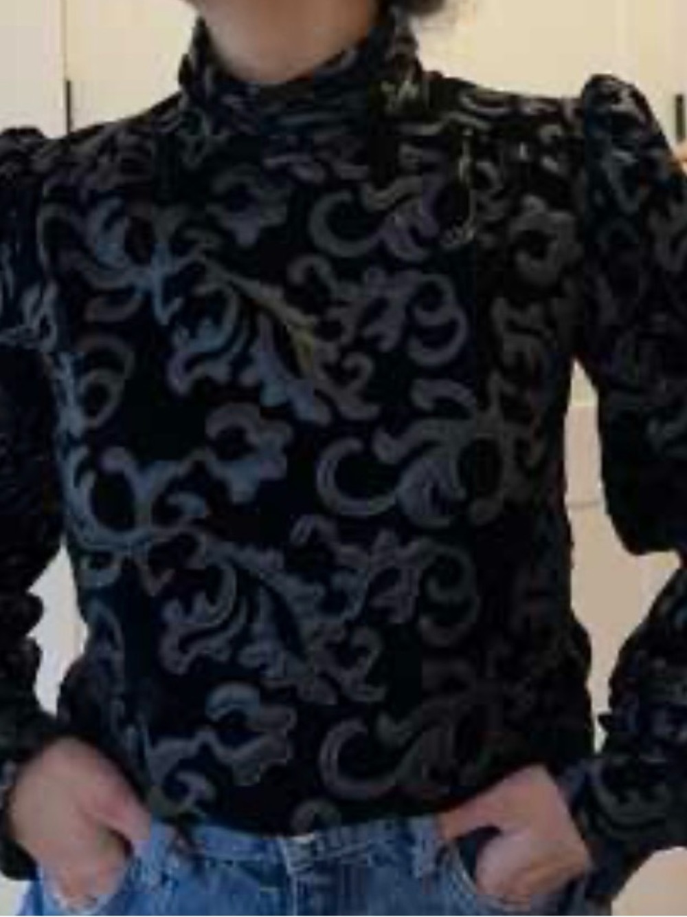 Zara Black Velvet High-Neck Patterned Top